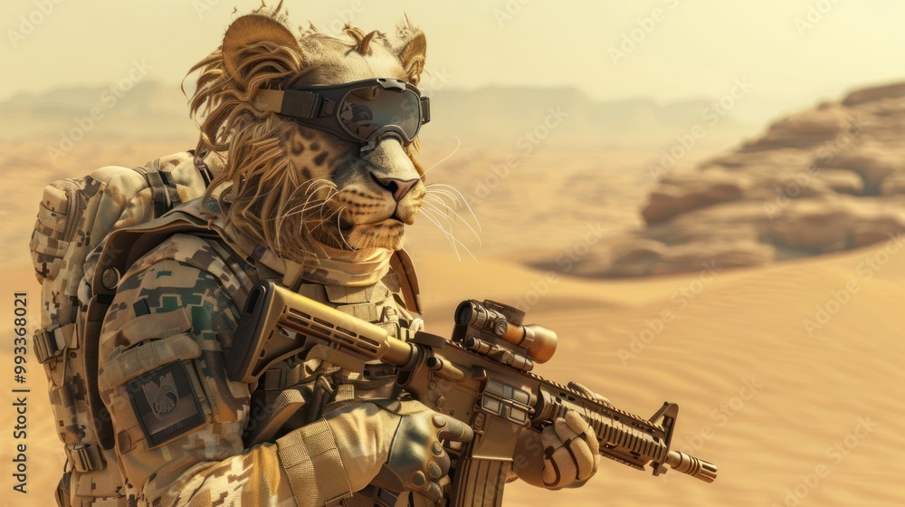 A soldier with a lion's head, wearing goggles and camouflage clothing, holds an assault rifle in the desert. A soldier with a lion's head, wearing goggles and camouflage clothing, holds an assault rifle in the desert.