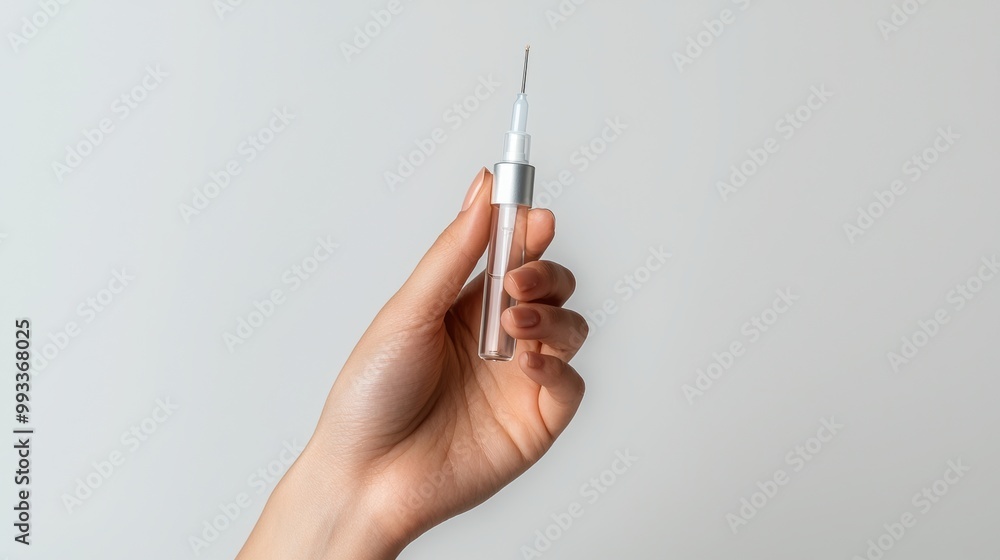 A hand holding a small syringe, ideal for medical or healthcare-related concepts and presentations.