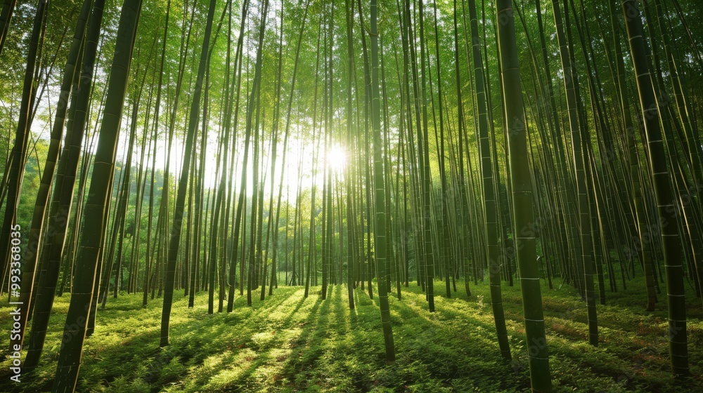 In a serene bamboo grove, tall slender stalks rise as dappled sunlight creates intricate patterns on the forest floor. In a serene bamboo grove, tall slender stalks rise as dappled sunlight creates intricate patterns on the forest floor.