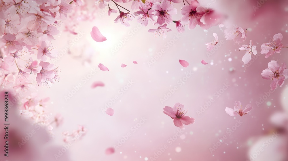Delicate Pink Cherry Blossoms Falling on a Soft Pink Background. Delicate Pink Cherry Blossoms Falling on a Soft Pink Background.