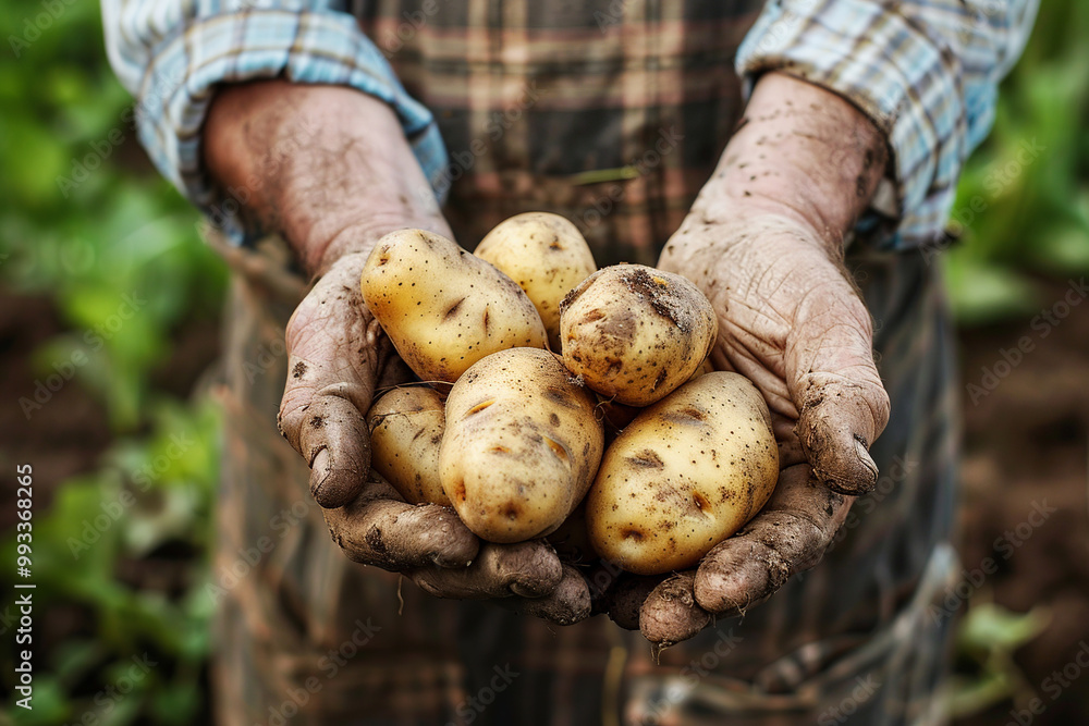 Raw potatoes in dirty hands of farmer. Farm-grown vegetables Raw potatoes in dirty hands of farmer. Farm-grown vegetables