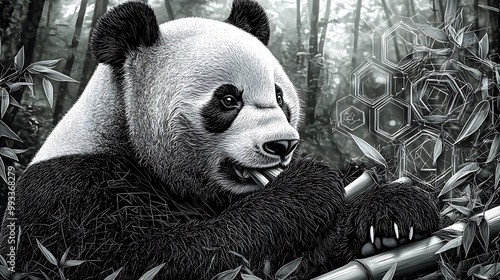 A panda munching on bamboo while geometric shapes in the form of hexagons and circles encircle it. The forest background is softly blurred, photo