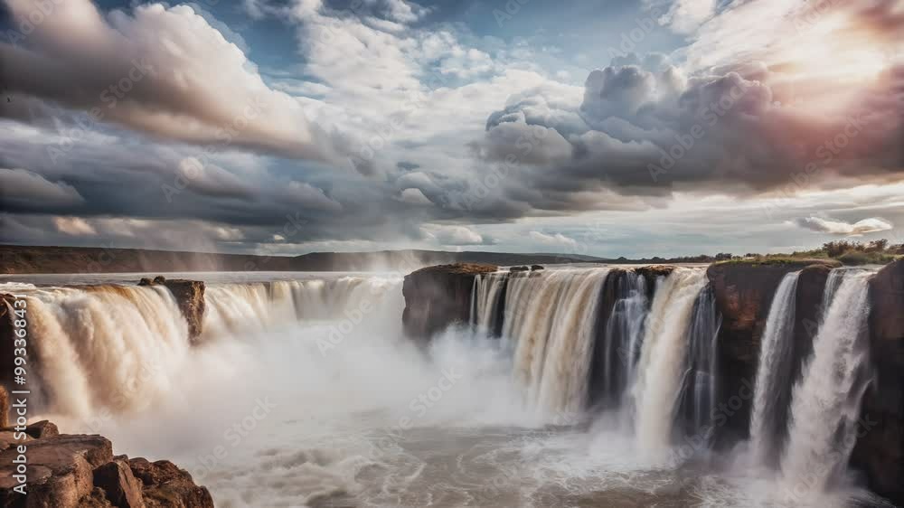 A powerful waterfall cascades over a rocky cliff creating a misty curtain under a dramatic sky filled with large fluffy clouds A powerful waterfall cascades over a rocky cliff creating a misty curtain under a dramatic sky filled with large fluffy clouds