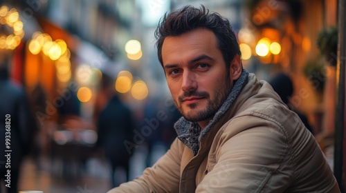 A man enjoys a moment of relaxation at a cafe, surrounded by softly lit shops and pedestrians, capturing the essence of a lively evening in a quaint European street.