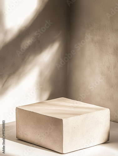 Concrete display podium against beige wall background. Product presentation.