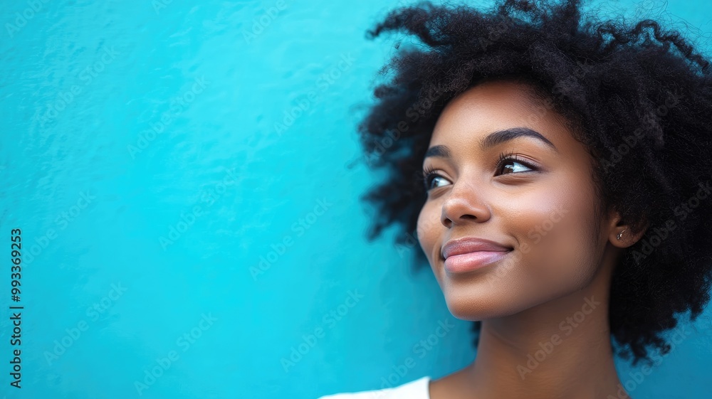 Smiling woman with natural hair against blue background