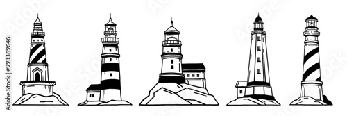 Lighthouse icon set, navigation tower sea collection, vector ocean seashore building illustration. Nautical lamp sticker kit, black marine logotype, architecture travel symbol. Line lighthouse icon