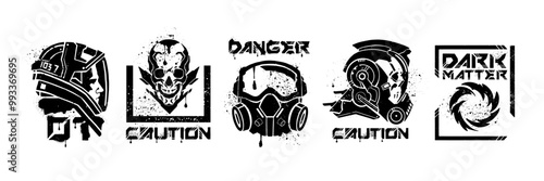 Space futuristic print set, vector biohazard sign, danger radiation protection gas mask logo, skull. Astronaut helmet print, sci-fi alien toxic caution badge, streetwear techno kit. Futuristic print