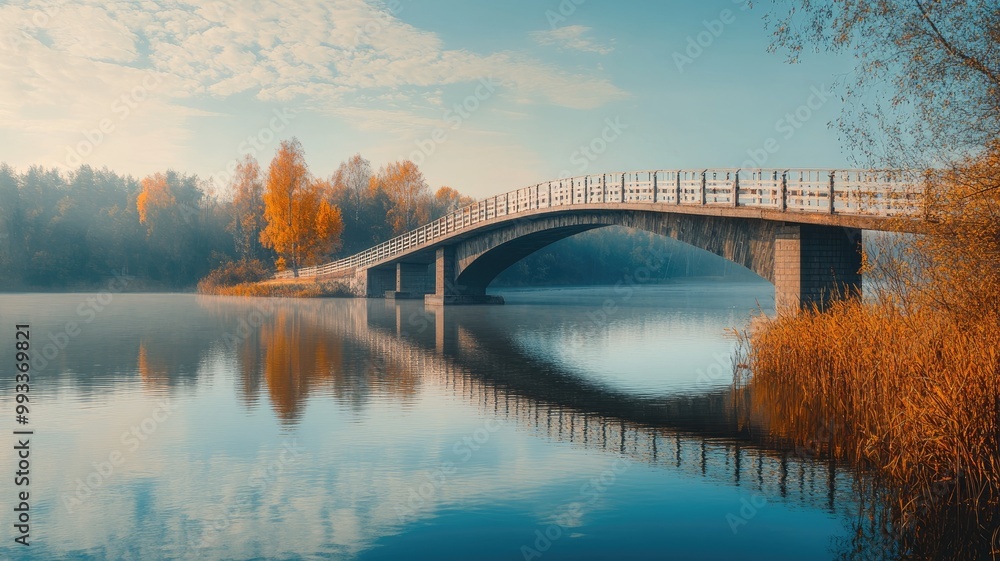 Calm, scenic autumn landscape with serene bridge over reflective river Calm, scenic autumn landscape with serene bridge over reflective river