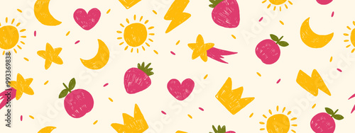 Kids seamless pattern, vector hand drawn minimal baby texture, yellow star, moon, sun, heart, bolt. Kawaii endless nursery background, colorful pencil naive shape doodles. Kids pattern childish print