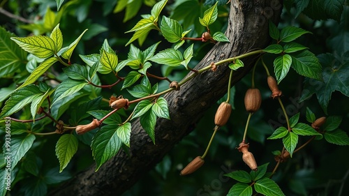 A delicate, glossy-leaved vine wraps itself around a sturdy branch, its small, ellipsoidal tubers branching out in opposite directions, bearing thin, elongated tubers amidst lush green foliage. photo