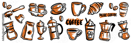 Coffee doodle icon set, hand drawn hot beverage ink collection, vector line cafe sketch sticker. Espresso latte cup, cute menu bar drink object kit, mug, pot, arabica package. Coffee doodle breakfast