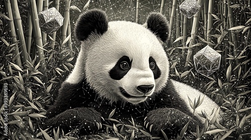 A playful panda surrounded by bamboo stalks, with geometric patterns like cubes and spheres floating around it. The scene combines organic elements of the forest with sharp, photo