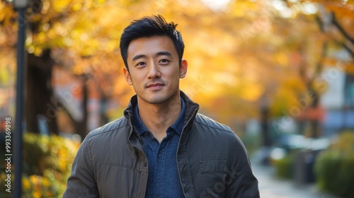 A young asian man strolls through a vibrant autumn park filled with golden leaves under bright sunlight. He smiles confidently while enjoying the beautiful weather and scenery around him.