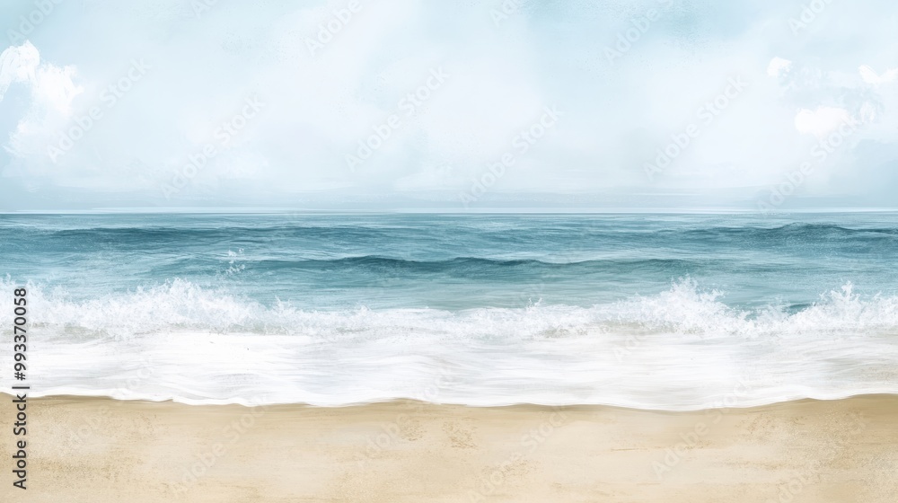 Abstract Watercolor Seascape with Blue Ocean, White Waves, and Sandy Beach. Abstract Watercolor Seascape with Blue Ocean, White Waves, and Sandy Beach.