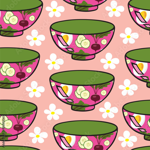 Seamless pattern. Cold beet soup plate pattern with egg, fresh herbs, cucumber and herbs. Isolated on pink background with white flowers.
