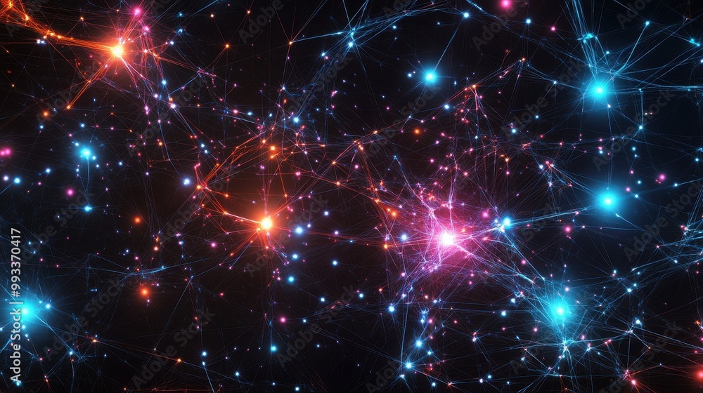 Obraz premium Abstract Network Background with Glowing Nodes and Lines in Blue, Pink, and Orange Colors.