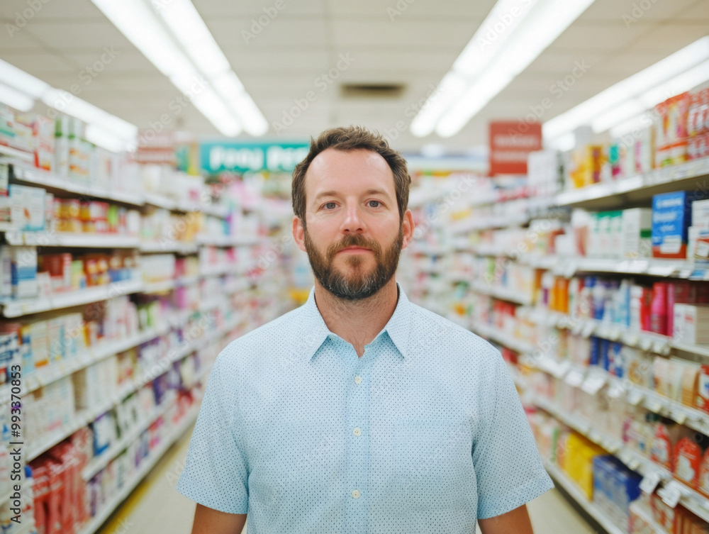 Portrait of a pharmacist standing in a pharmacy surrounded by products Portrait of a pharmacist standing in a pharmacy surrounded by products