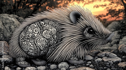 A porcupine with bold, tribal designs on its quills, standing against a rocky landscape at dusk. The deep colors of the sunset reflect off the quills, photo