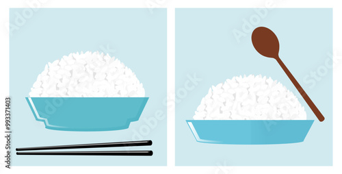 Rice bowl with chopsticks and spoon icon sign on blue background vector.