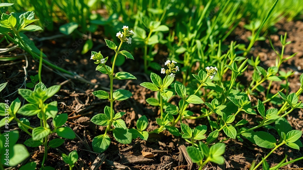 A lush, green stevia plant with delicate leaves and small white flowers on slender stems grows amidst lush soil and vegetation in a sun-drenched field. A lush, green stevia plant with delicate leaves and small white flowers on slender stems grows amidst lush soil and vegetation in a sun-drenched field.