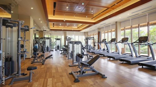 A well-equipped and modern gym with a variety of exercise machines and enthusiastic members