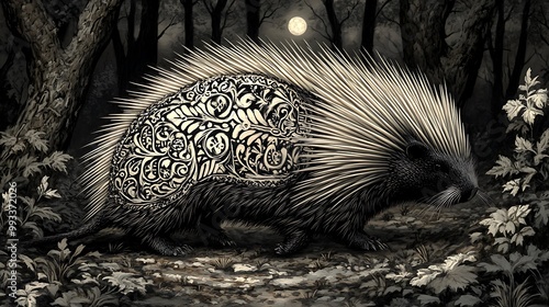 A porcupine with tribal patterns on its quills, walking through a moonlit forest. The intricate designs reflect the silvery moonlight, casting ethereal shadows on the forest floor, photo