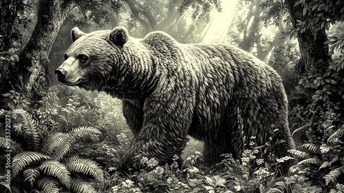 A powerful bear with richly detailed fur making its way through a dense, green forest. Sunlight shines through the trees, photo