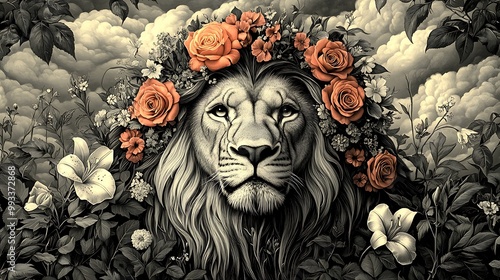 A powerful lion with a mane made of roses, lilies, and wildflowers, standing under a dramatic, stormy sky. The vibrant colors of the flowers contrast with the dark clouds in the background, photo