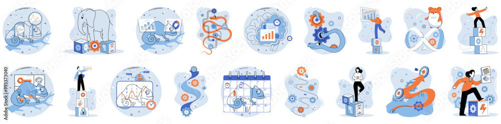 Soft skills. Set of images highlight essential qualities such as teamwork, decision-making, adaptability, and empathy demonstrated through various scenarios. Ideal for personal development, team Soft skills. Set of images highlight essential qualities such as teamwork, decision-making, adaptability, and empathy demonstrated through various scenarios. Ideal for personal development, team