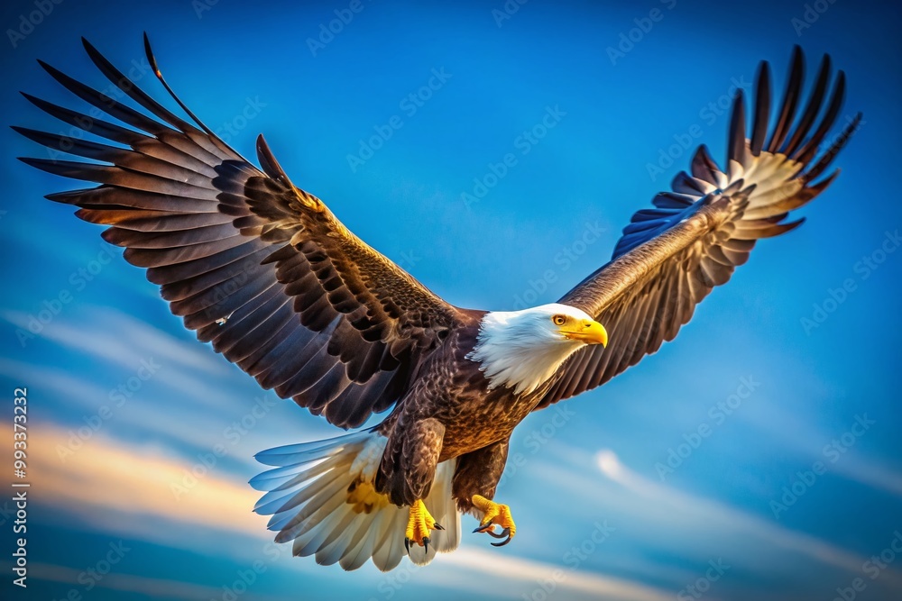 Fototapeta premium Majestic Eagle in Flight Showcasing Vibrant Colors Against a Clear Blue Sky in Nature's Splendor