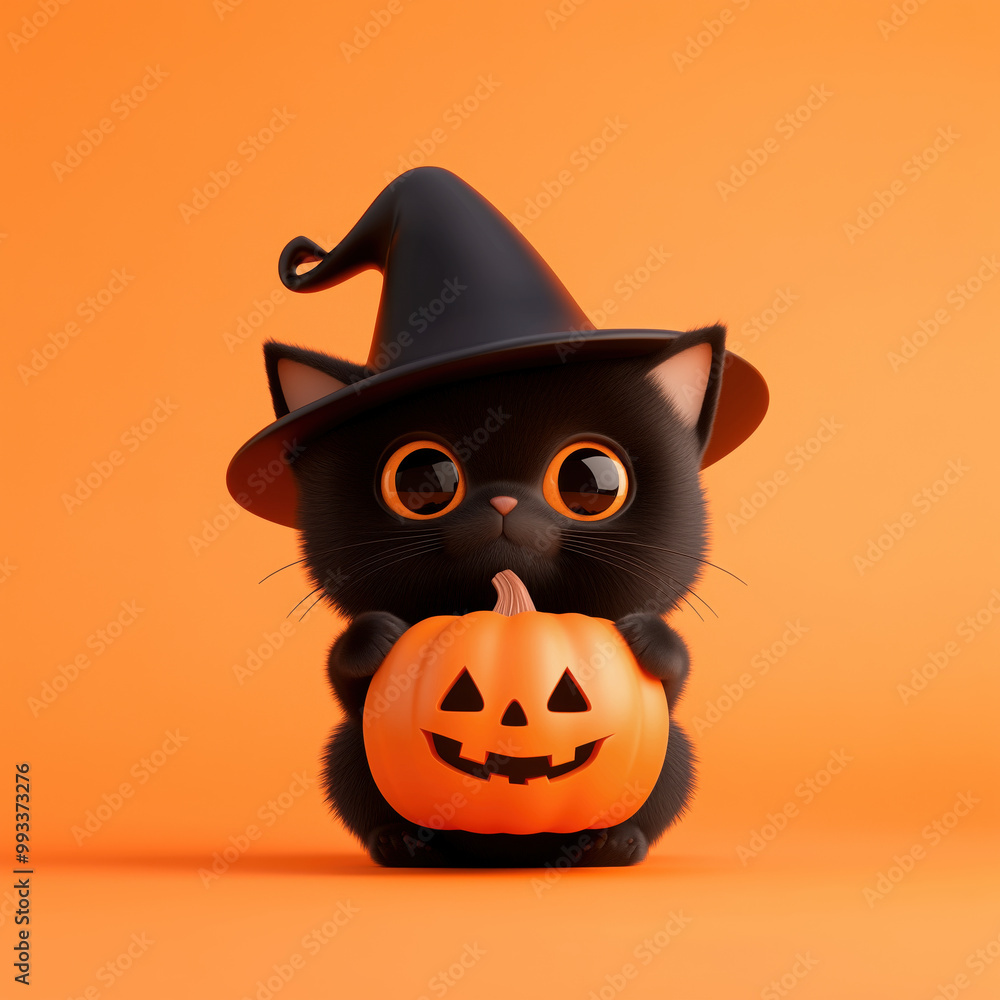A black cat in a witch hat with a carved Jack 'o' Lantern pumpkin against an orange background. Cute Halloween concept, character or symbol. A black cat in a witch hat with a carved Jack 'o' Lantern pumpkin against an orange background. Cute Halloween concept, character or symbol.