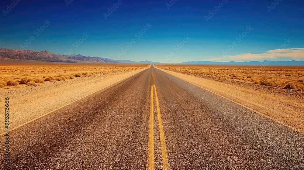 Fototapeta premium Straight empty road through barren desert, plenty of room for copy in the sand and sky surrounding the road