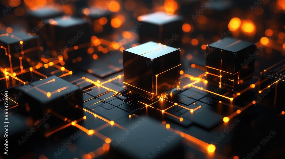 Abstract 3D digital design featuring cubes and spheres connected by glowing lines, creating a futuristic geometric pattern Abstract 3D digital design featuring cubes and spheres connected by glowing lines, creating a futuristic geometric pattern