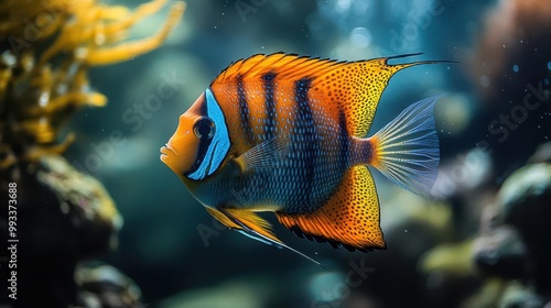 stunning underwater scene featuring a colorful fish swimming gracefully in an aquarium showcasing vibrant aquatic life against a crystalclear backdrop photo