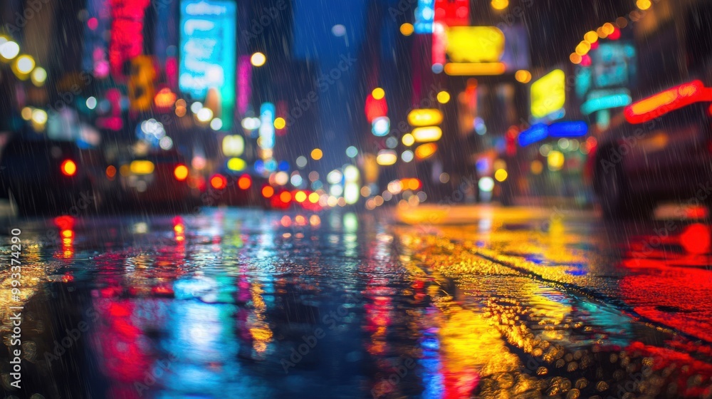 Reflected city lights and raindrops on a wet street. Reflected city lights and raindrops on a wet street.