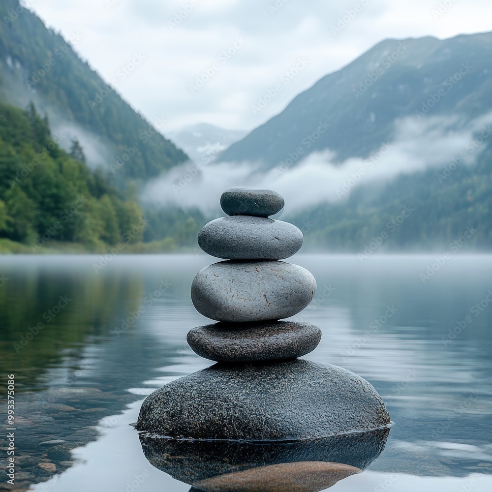 Balanced stones on serene lakeside with misty mountain background Balanced stones on serene lakeside with misty mountain background