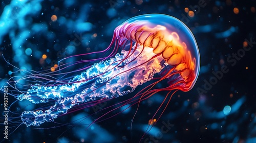 A vibrant jellyfish glows in an underwater scene, showcasing its delicate beauty. photo