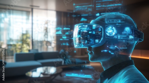 Man Wearing Virtual Reality Headset with Holographic Interface, Futuristic Technology Concept.