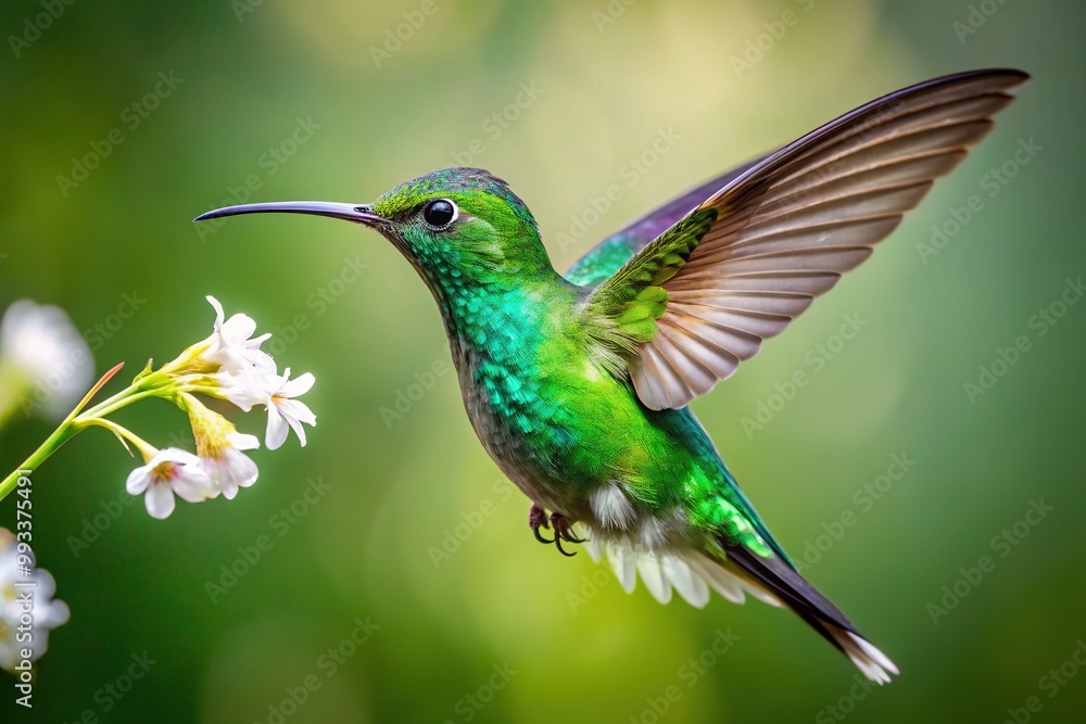 Obraz premium A vibrant green hummingbird with iridescent feathers hovers in mid-air, its tiny wings beating rapidly as it sips nectar from a delicate white flower.
