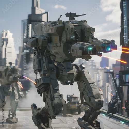 Heavy-Duty Futuristic Military Mech Equipped with Missile Launchers and Plasma Cannons, Walking Through a Futuristic Battlefield photo