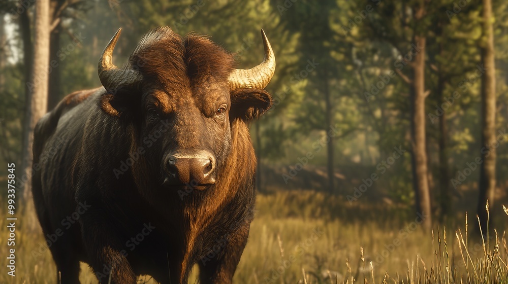 Naklejka premium A majestic boss buffalo standing confidently in its natural habitat, showcasing its powerful physique and impressive horns. The buffalo's strong presence symbolizes strength and resilience, 