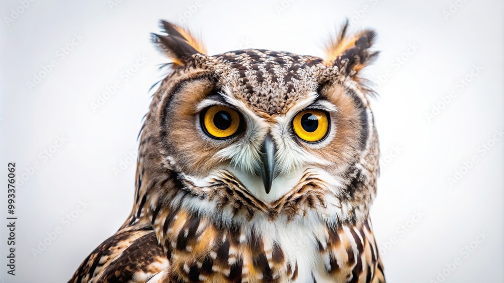 A detailed image of an isolated owl with a white background captured from a worm s eye view, nature, nocturnal, eyes, symbol, perch, predator, feather, camouflaged, wildlife conservation A detailed image of an isolated owl with a white background captured from a worm s eye view, nature, nocturnal, eyes, symbol, perch, predator, feather, camouflaged, wildlife conservation