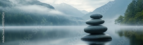 Balanced stones on serene lakeside with misty mountain background