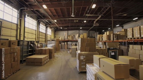 A well-equipped and organized moving company warehouse with boxes and satisfied clients