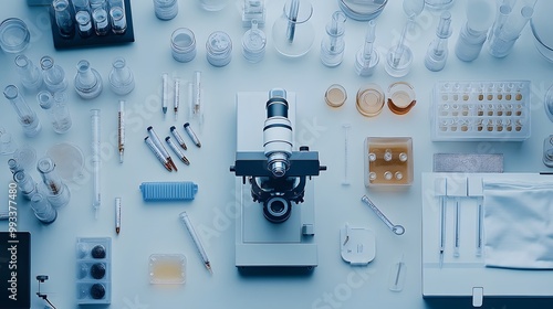A Laboratory Workstation with a Microscope and Various Glassware