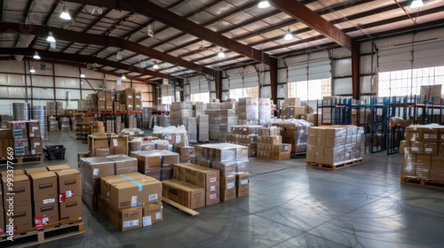 A well-equipped and organized moving company warehouse with boxes and satisfied clients