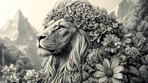 A regal lion with a mane made of delicate flowers in full bloom, standing in front of a towering mountain range. The sky is clear, and the sun is shining, photo