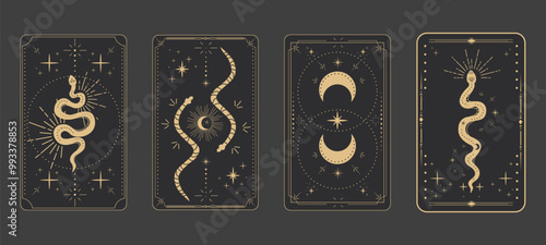 Tarot reverce border magic sacred frame gold line border celelstial mystery esoteric cover card decoration with snake stars and moon on dark background.
