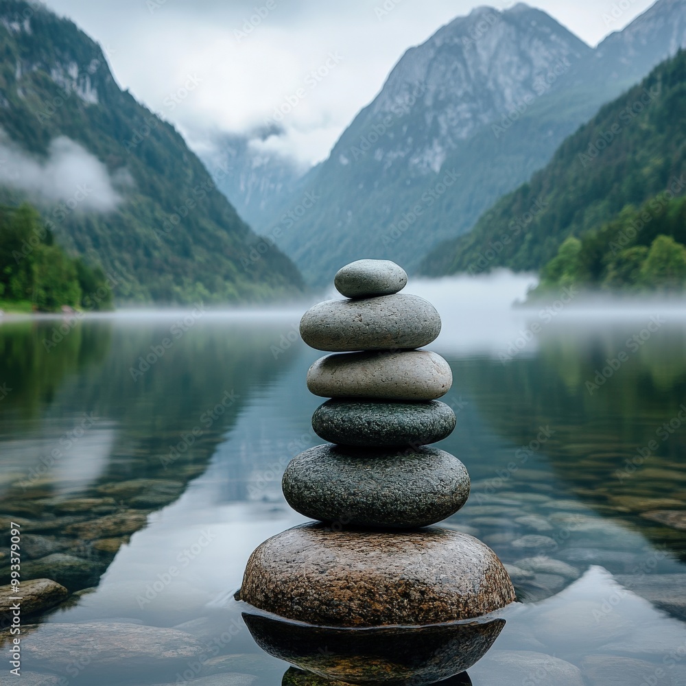 Balanced stones on serene lakeside with misty mountain background Balanced stones on serene lakeside with misty mountain background